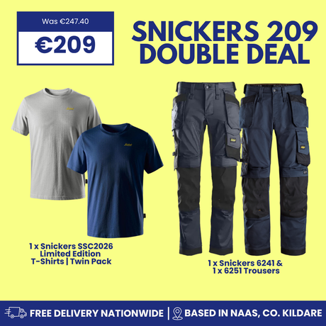 Promotional product graphic for a Snickers 209 double deal, showing a limited edition twin pack of two Snickers t-shirts (one light gray, one navy blue) alongside a pair of navy and black work pants on a bright yellow background with text and pricing details.