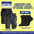 Promotional graphic for Snickers 6141 stretch loose fit work shorts in dark gray/black, shown with a free pack of 3 Snickers 9221 cotton low socks on a yellow background with pricing and delivery text.