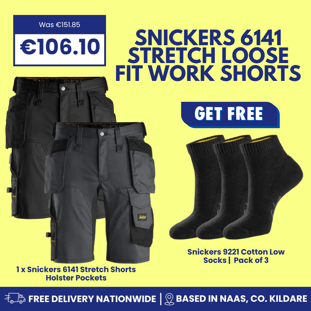 Promotional graphic for Snickers 6141 stretch loose fit work shorts in dark gray/black, shown with a free pack of 3 Snickers 9221 cotton low socks on a yellow background with pricing and delivery text.