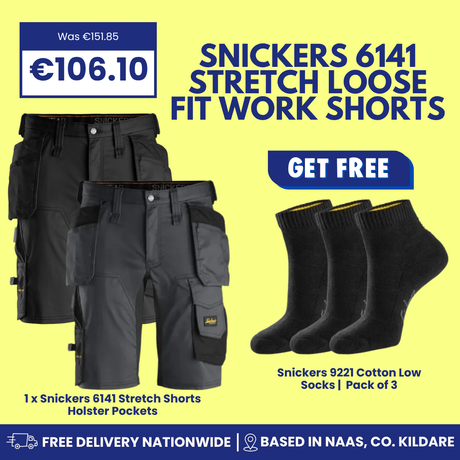 Promotional graphic for Snickers 6141 stretch loose fit work shorts in dark gray/black, shown with a free pack of 3 Snickers 9221 cotton low socks on a yellow background with pricing and delivery text.
