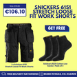 Promotional product graphic for Snickers 6151 stretch loose fit work shorts, showing one pair of black cargo-style shorts on a yellow background with text pricing, a 'GET FREE' banner, and a pack of three black socks.