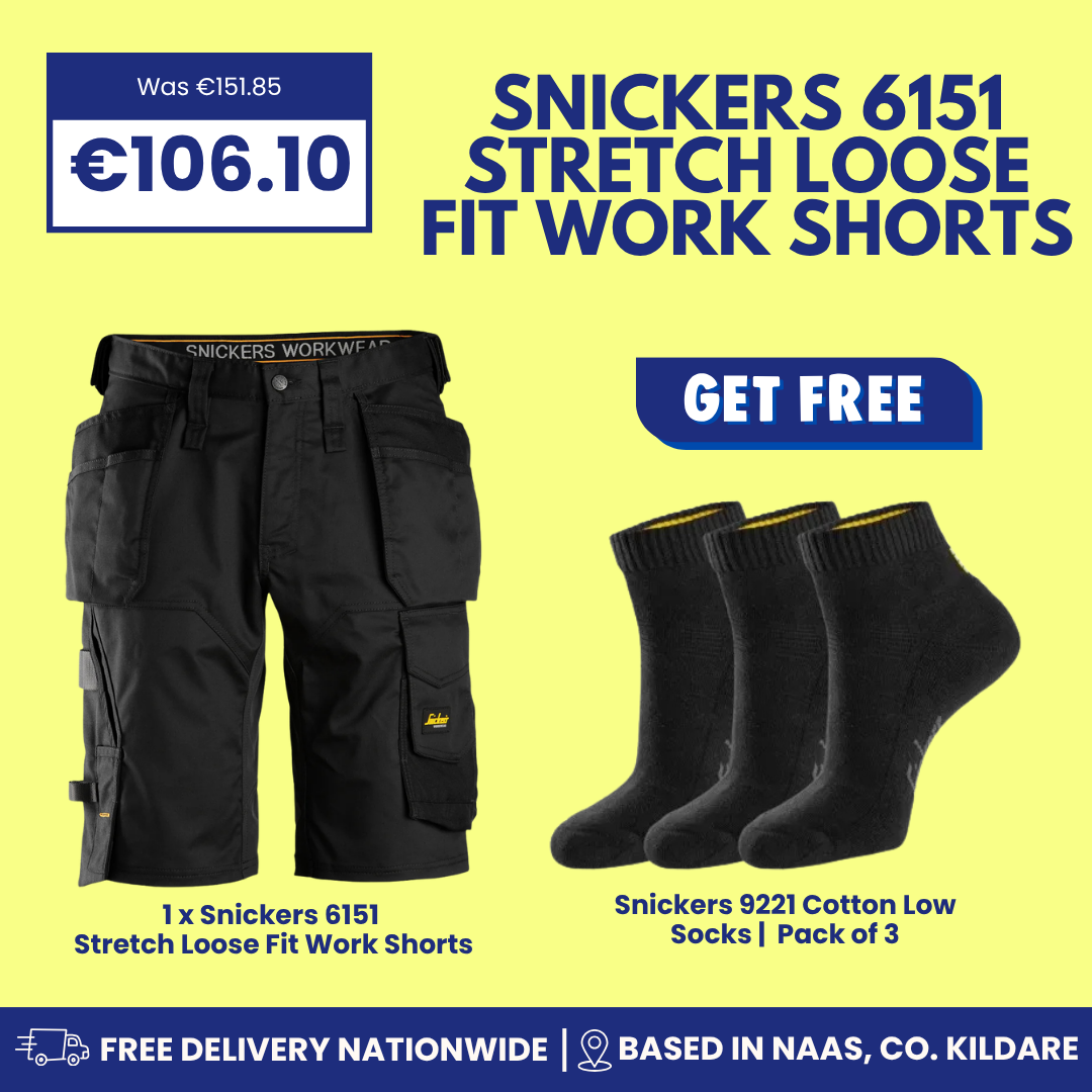 Promotional product graphic for Snickers 6151 stretch loose fit work shorts, showing one pair of black cargo-style shorts on a yellow background with text pricing, a 'GET FREE' banner, and a pack of three black socks.