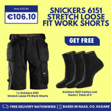 Promotional product graphic for Snickers 6151 stretch loose fit work shorts, showing one pair of black cargo-style shorts on a yellow background with text pricing, a 'GET FREE' banner, and a pack of three black socks.