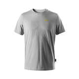 Gray t-shirt with a yellow logo on a white background