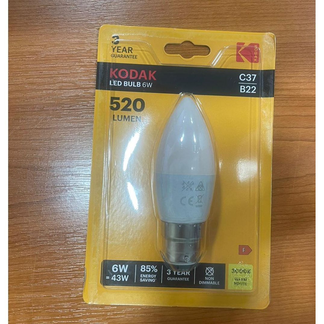 Kodak LED Candle Bulb 6W C37 B22 – 520 Lumen | Warm White