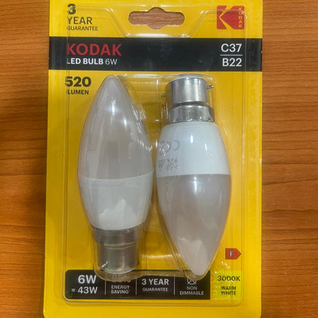 Kodak LED Candle Bulb 6W C37 B22 – 520 Lumen in Warm White  | Pack of 2