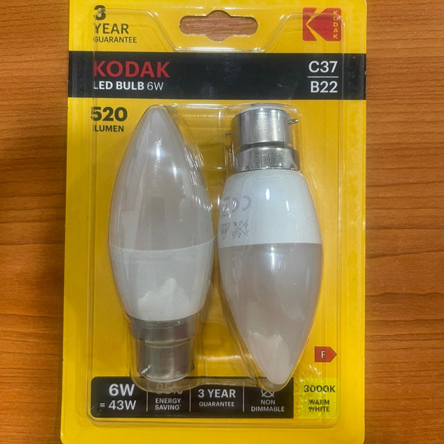 Kodak LED Candle Bulb 6W C37 B22 – 520 Lumen in Warm White  | Pack of 2
