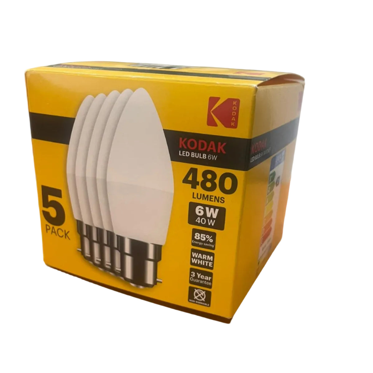 Kodak LED Candle 6W Bulb C37 B22  480 Lumens in Warm White | Pack of 5