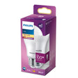 A Philips LED light bulb in its original purple and white retail packaging, shown against a plain white background.