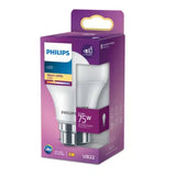A Philips LED light bulb in its original purple and white retail packaging, shown against a plain white background.