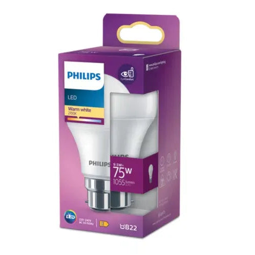 A Philips LED light bulb in its original purple and white retail packaging, shown against a plain white background.