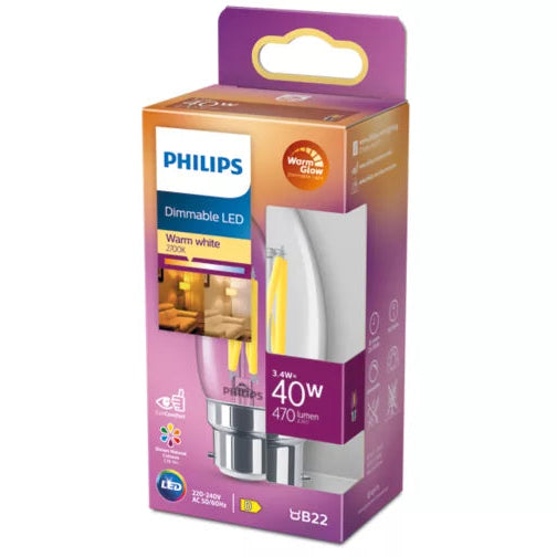 Philips Filament Dimmable Bulb Clear 40W B22 B35 470 Lumen | Warm White

The Philips Filament Dimmable LED Candle Bulb combines classic candle styling with modern LED efficiency and smooth dimming performance. Featuring a clear glass finish with visible LED filaments, this decorative bulb creates a warm and inviting atmosphere, ideal for chandeliers, wall lights, table lamps, and exposed decorative fittings.