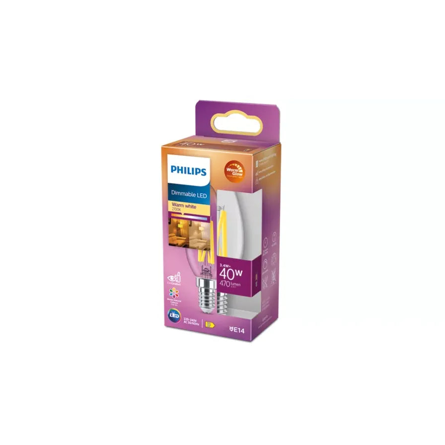 The Philips Filament Dimmable LED Candle Bulb combines elegant vintage styling with advanced LED efficiency and smooth dimming performance. Featuring a clear glass finish and visible filament design, this decorative candle bulb creates a warm and inviting ambience, making it ideal for chandeliers, wall lights, table lamps, and exposed decorative fittings.

Key Features:

WarmGlow Dimming Technology – Light colour shifts from bright 2700K to a warmer 2200K when dimmed, creating a cosy atmosphere similar to t