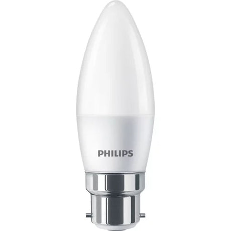 The Philips LED Candle Bulb B35 B22 combines elegant candle styling with efficient LED technology, making it ideal for chandeliers, wall lights, decorative fittings, and table lamps. Featuring a frosted finish and warm white illumination, this bulb delivers soft, diffuse lighting with long-lasting performance and reduced energy consumption.

Key Features:

Soft Diffused Lighting – Frosted finish provides a gentle and comfortable warm white glow, ideal for decorative and ambient lighting.
Energy-Efficient LE