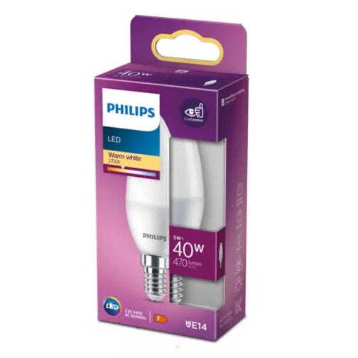 A boxed Philips LED light bulb with a purple retail package and a visible white bulb inside, photographed on a plain white background.
