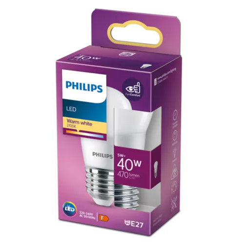 A boxed Philips LED light bulb, model WF27 40W, in its original purple packaging with a hang tab, shown on a plain white background.