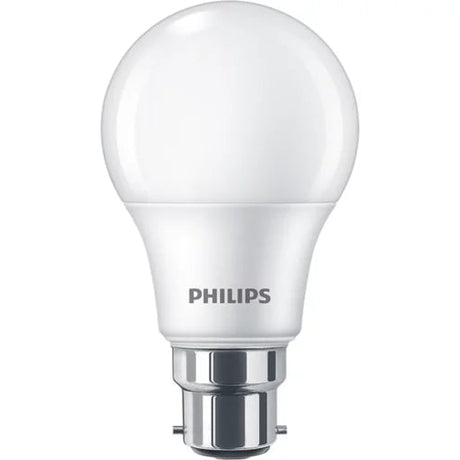 A Philips LED light bulb with a frosted white glass globe and a silver bayonet base, shown against a plain white background.