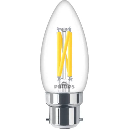 Philips Filament Dimmable Bulb Clear 40W B22 B35 470 Lumen | Warm White

The Philips Filament Dimmable LED Candle Bulb combines classic candle styling with modern LED efficiency and smooth dimming performance. Featuring a clear glass finish with visible LED filaments, this decorative bulb creates a warm and inviting atmosphere, ideal for chandeliers, wall lights, table lamps, and exposed decorative fittings.