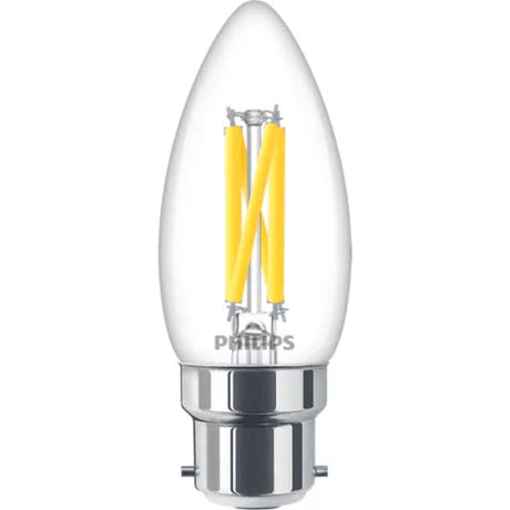 Philips Filament Dimmable Bulb Clear 40W B22 B35 470 Lumen | Warm White

The Philips Filament Dimmable LED Candle Bulb combines classic candle styling with modern LED efficiency and smooth dimming performance. Featuring a clear glass finish with visible LED filaments, this decorative bulb creates a warm and inviting atmosphere, ideal for chandeliers, wall lights, table lamps, and exposed decorative fittings.