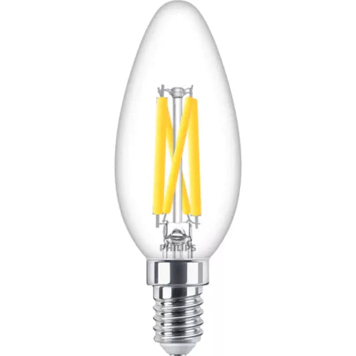The Philips Filament Dimmable LED Candle Bulb combines elegant vintage styling with advanced LED efficiency and smooth dimming performance. Featuring a clear glass finish and visible filament design, this decorative candle bulb creates a warm and inviting ambience, making it ideal for chandeliers, wall lights, table lamps, and exposed decorative fittings.