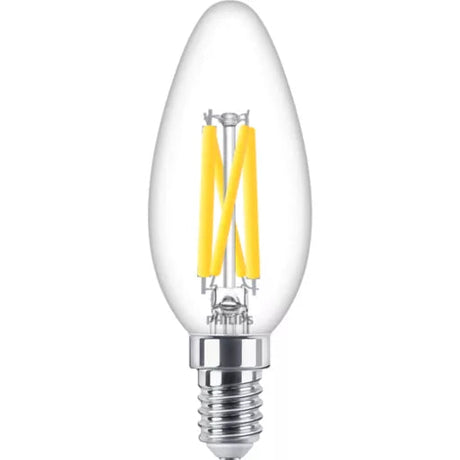 The Philips Filament Dimmable LED Candle Bulb combines elegant vintage styling with advanced LED efficiency and smooth dimming performance. Featuring a clear glass finish and visible filament design, this decorative candle bulb creates a warm and inviting ambience, making it ideal for chandeliers, wall lights, table lamps, and exposed decorative fittings.