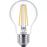 A clear glass Philips LED light bulb with a clear glass envelope, visible yellow-toned filaments, and a silver screw base on a plain white background.