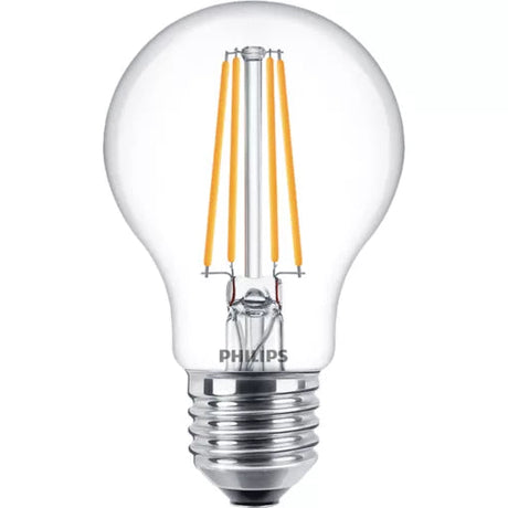 A clear glass Philips LED light bulb with a clear glass envelope, visible yellow-toned filaments, and a silver screw base on a plain white background.