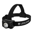 An LEDLENSER headlamp with a dark green and black camouflage-patterned head strap, featuring a dark green lamp housing with three clear LED lenses, shown on a solid white background. Ledlenser Headlamp HF6R | 900 Lumen