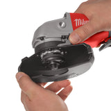 Milwaukee angle grinder held by a person with a white background