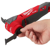 Milwaukee FUEL reciprocating saw with a black blade attachment, shown with a hand adjusting the depth knob on a white background.