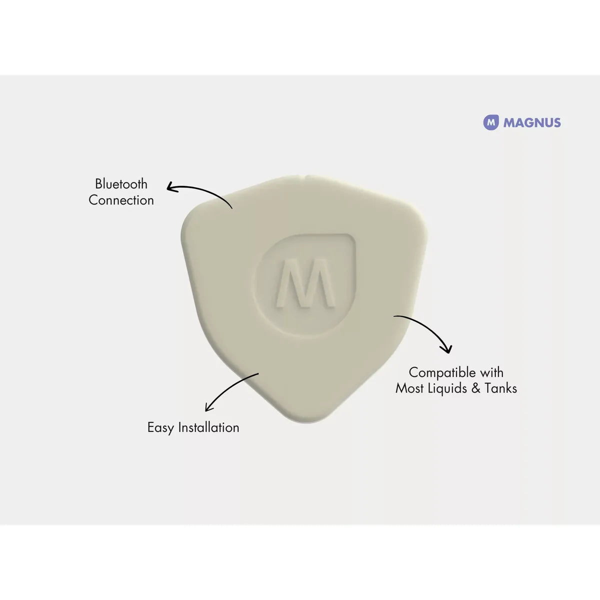 White guitar pick with Magnus logo and text indicating features on a white background