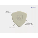 White guitar pick with Magnus logo and text indicating features on a white background