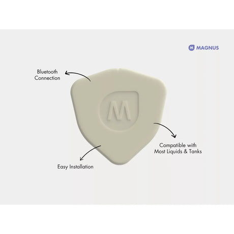 White guitar pick with Magnus logo and text indicating features on a white background