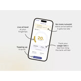 A smartphone mockup on a light gray background showing a mobile app interface for an oil tank monitoring service, with callout arrows and text describing features like live oil level, alerts, and quick topping up.