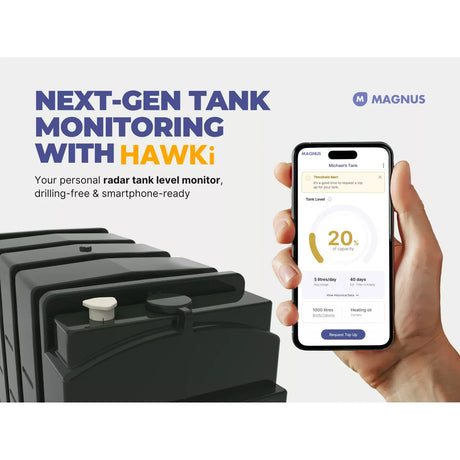 Hand holding a smartphone displaying tank level monitoring app next to a black tank with 'HAWKI' branding.