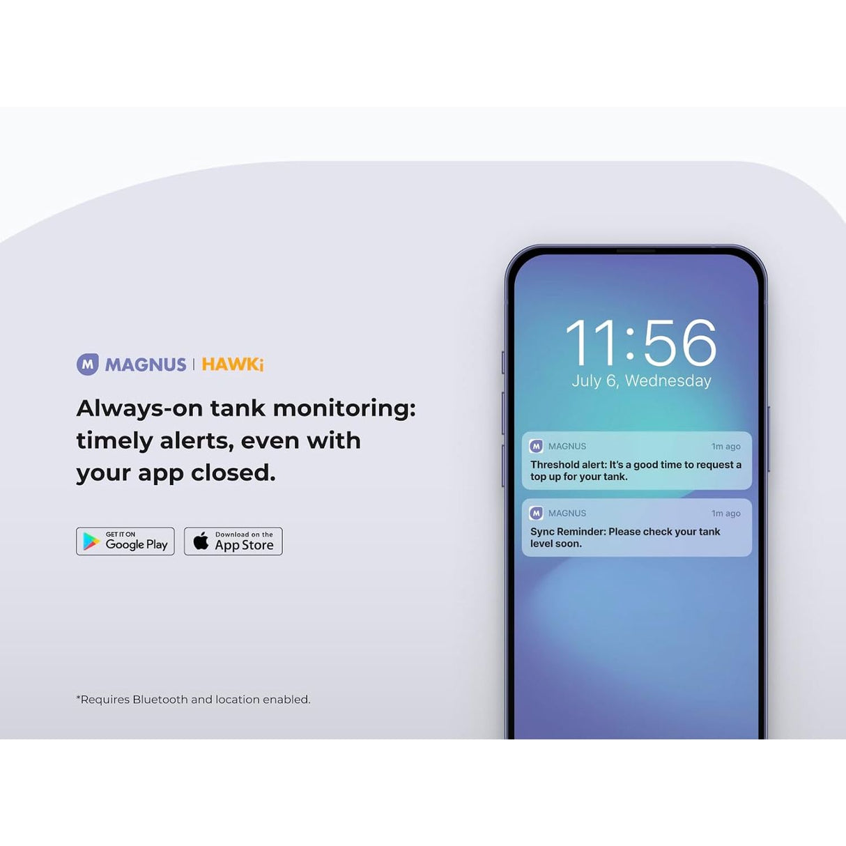 A smartphone shown on the right displays a blue-and-purple app interface, while the left side contains product text and logos for MAGNUS and HAWKI with Google Play and App Store badges. The overall image is a clean promotional graphic on a white background.