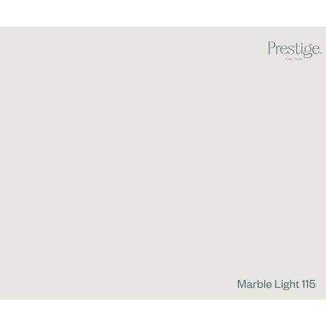 A flat, light warm grey colour swatch with the Prestige logo in the top right corner and the text 'Marble Light 115' in the bottom right corner.
Prestige Marble Light