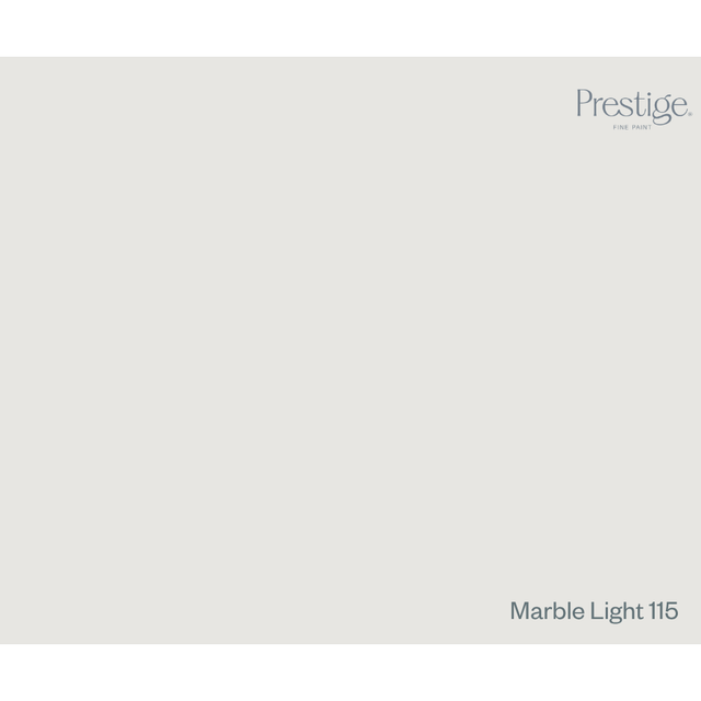 A flat, light warm grey colour swatch with the Prestige logo in the top right corner and the text 'Marble Light 115' in the bottom right corner.
Prestige Marble Light