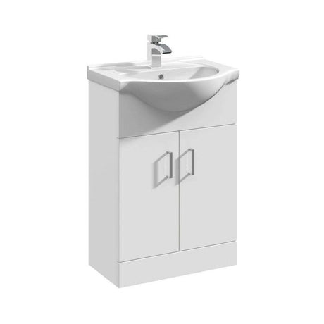 A white vanity cabinet with a matching white sink basin and a chrome faucet, shown on a plain white background.
Mayford Vanity Unit & Basin | 550mm