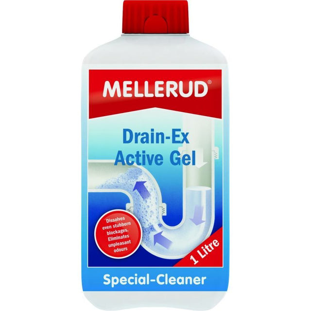 A 1 litre bottle of Mellerud Drain-Ex Active Gel Special-Cleaner, featuring a white bottle with a red cap and a blue and red label.