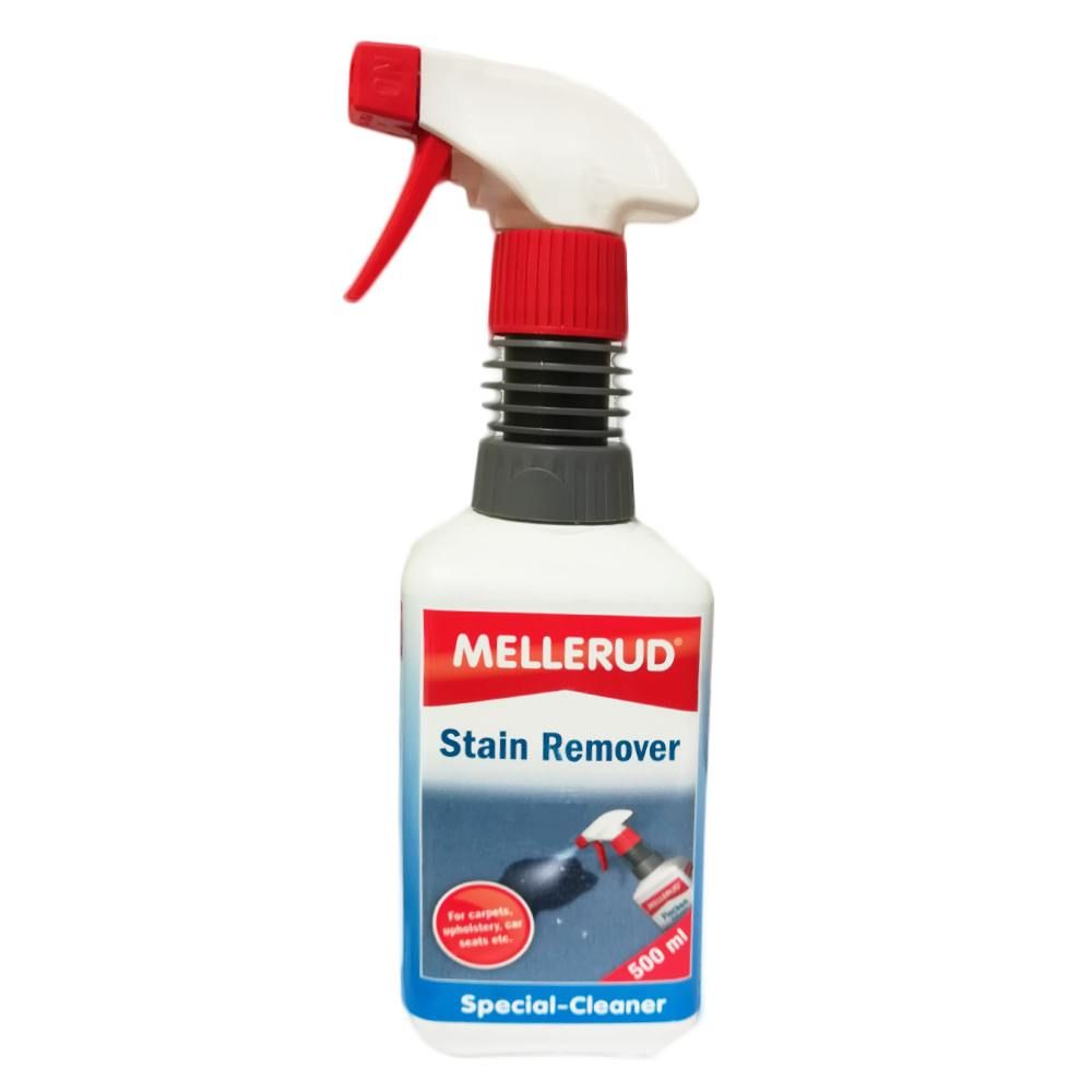 A bottle of Mellerud Stain Remover Special-Cleaner, featuring a white plastic spray bottle with a red trigger sprayer and a blue and red label, set against a plain white background.
