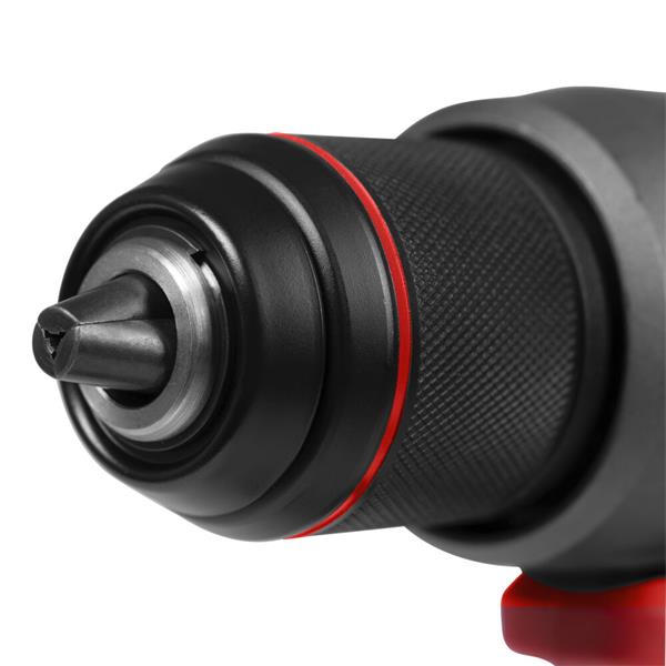 Close-up of a black and red drill bit attachment on a white background