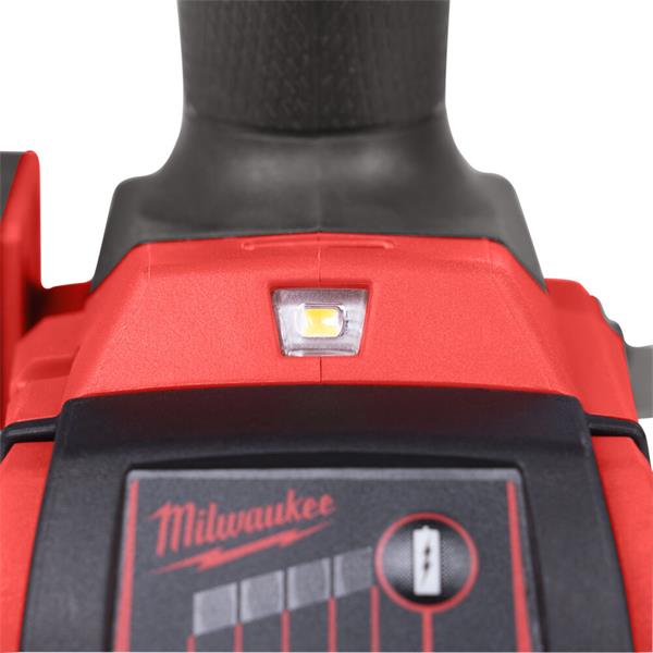Close-up of a Milwaukee power tool handle with visible branding.