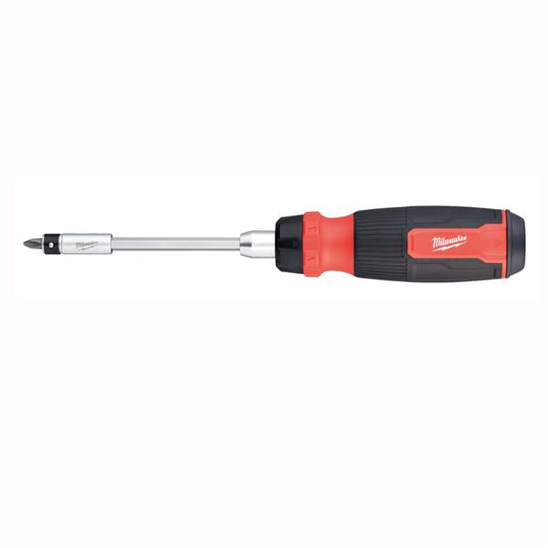 Milwaukee screwdriver with a silver metal shaft and a red and black textured handle, shown horizontally on a plain white background.