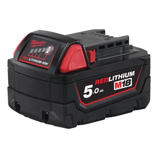 Milwaukee M18 REDLITHIUM 5.0 Ah battery pack on a white background