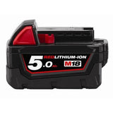 A 5.0 Ah M18 Red Lithium-Ion cordless battery pack, featuring a black plastic body with a red and white label and a red battery terminal cover, shown on a plain white background.