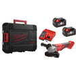 Milwaukee Fuel angle grinder kit with a black and red carrying case, two red and black 4.0V lithium-ion batteries, a red and black charger, and a red and gray angle grinder, all on a white background.