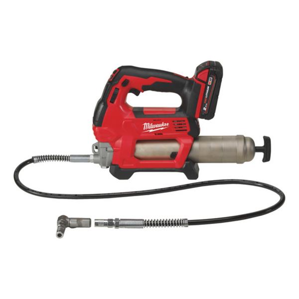 Red Milwaukee power tool with hose on a white background