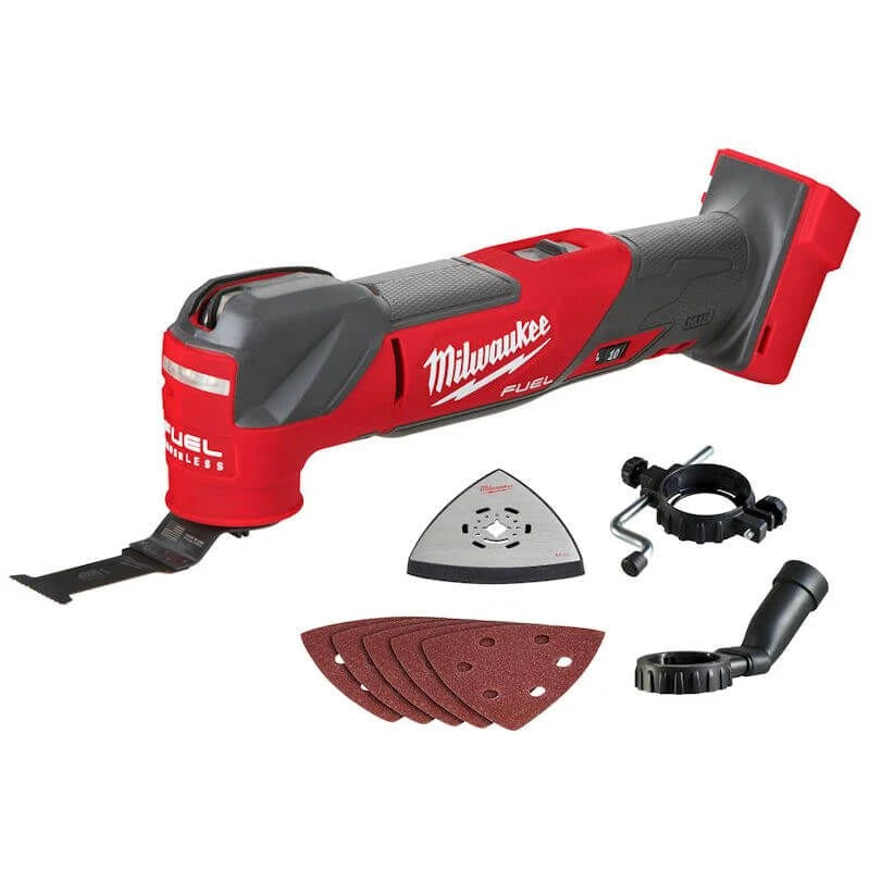 Milwaukee cordless oscillating multi-tool with red and black body, shown with five sanding discs, a mounting clamp, and a black extension piece on a white background.