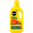 A yellow bottle of Miracle-Gro All Purpose Liquid Plant Food on a plain white background.